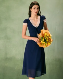 The Navy V-Neck Lace Trim Midi Dress -Outlet Dress Mix Up Store the v neck lace trim dress dresses 6r0bht