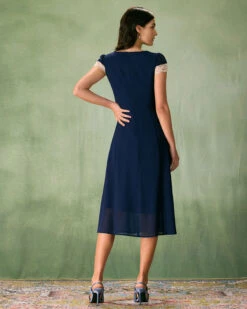 The Navy V-Neck Lace Trim Midi Dress -Outlet Dress Mix Up Store the v neck lace trim dress dresses h8fiz2