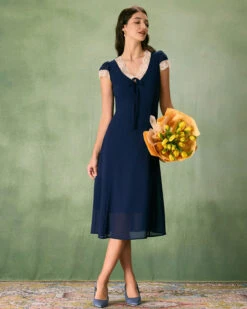 The Navy V-Neck Lace Trim Midi Dress -Outlet Dress Mix Up Store the v neck lace trim dress dresses hctvnp