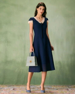 The Navy V-Neck Lace Trim Midi Dress -Outlet Dress Mix Up Store the v neck lace trim dress dresses r4ehkd