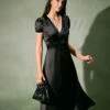 The Black V-Neck Lace Trim Satin Midi Dress