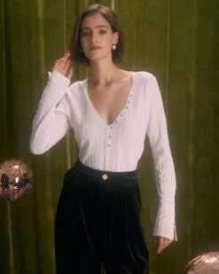 The White V Neck Lace Trim Textured Tee