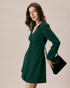 The Green V Neck Button Shirt Mini Dress -Outlet Dress Mix Up Store the v neck long sleeve shirt dress dresses caagiz 494500