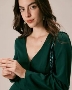 The Green V Neck Button Shirt Mini Dress -Outlet Dress Mix Up Store the v neck long sleeve shirt dress dresses cqaqyq 433973