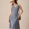 The Blue V Neck Plaid Button Cotton Midi Dress