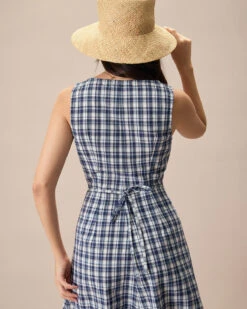 The Blue V Neck Plaid Button Cotton Midi Dress -Outlet Dress Mix Up Store the v neck plaid button midi dress dresses gb6doo