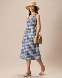 The Blue V Neck Plaid Button Cotton Midi Dress -Outlet Dress Mix Up Store the v neck plaid button midi dress dresses maqy6m