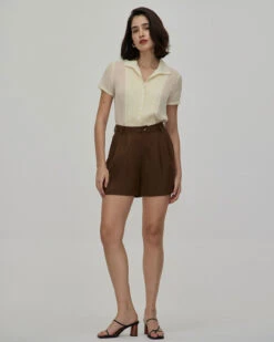 The Beige V Neck Pleated Chiffon Blouse -Outlet Dress Mix Up Store the v neck pleated blouse tops vshehg