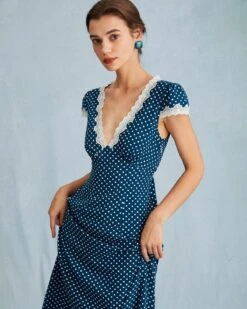 The Navy V Neck Polka Dot Lace Ruched Maxi Dress -Outlet Dress Mix Up Store the v neck polka dot dress dresses bl1nn7 985462
