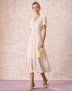 The Beige V Neck Polka Dot Button Midi Dress -Outlet Dress Mix Up Store the v neck polka dot midi dress dresses cbrjvd