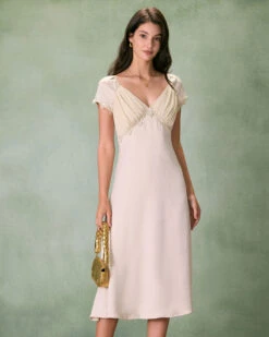 The Apricot V Neck Ruched Satin Midi Dress