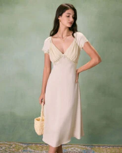 The Apricot V Neck Ruched Satin Midi Dress -Outlet Dress Mix Up Store the v neck ruched satin midi dress dresses hokn0n