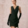 The Black V Neck Ruched Wrap Mini Dress