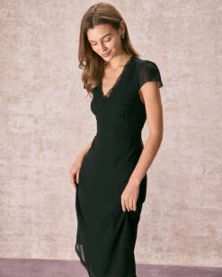 The Black V Neck Ruffle Sheer Midi Dress 10 The Black V Neck Ruffle Sheer Midi Dress -Outlet Dress Mix Up Store the v neck ruffle midi dress dresses xlby0x