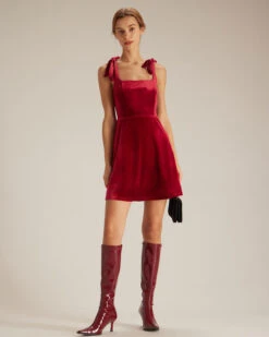 The Red Tie Shoulder Velvet A-Line Mini Dress -Outlet Dress Mix Up Store the velvet tie shoulder mini dress dresses gqg0je