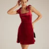 The Red Tie Shoulder Velvet A-Line Mini Dress