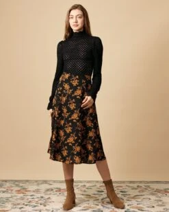 The Floral Slit High Waisted A-line Skirt -Outlet Dress Mix Up Store the vintage floral split side skirt bottoms 5huu4l 150490