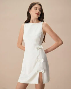 The White Boat Neck Bowknot Satin Mini Dress -Outlet Dress Mix Up Store the white boat neck bowknot mini dress dresses xjbyls