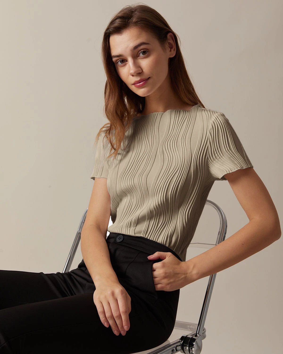 The Khaki Boat Neck Water Ripple Textured Tee 2 The Khaki Boat Neck Water Ripple Textured Tee - Image 2