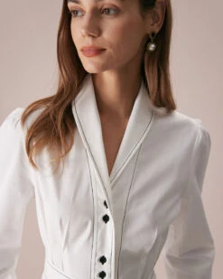 The White Lapel Contrast Stitch Midi Dress -Outlet Dress Mix Up Store the white collared contrast stitch midi dress dresses elvk0x