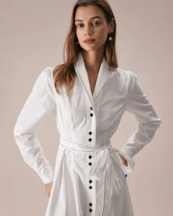The White Lapel Contrast Stitch Midi Dress -Outlet Dress Mix Up Store the white collared contrast stitch midi dress dresses pnfgze
