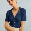 The Navy Collared Pointelle Knit Top