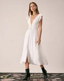 The White Deep V Neck Pleated Midi Dress -Outlet Dress Mix Up Store the white deep v neck pleated midi dress dresses 4mqygo