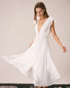 The White Deep V Neck Pleated Midi Dress -Outlet Dress Mix Up Store the white deep v neck pleated midi dress dresses b9j7fj