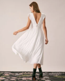 The White Deep V Neck Pleated Midi Dress -Outlet Dress Mix Up Store the white deep v neck pleated midi dress dresses wrd8s7