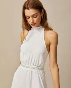 The White Mock Neck Pearls Backless Mini Dress -Outlet Dress Mix Up Store the white halter pearl mini dress dresses oqpo8w 869314