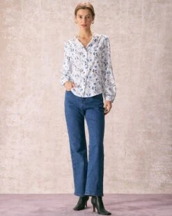 The White Mock Neck Leaf Print Button Shirt -Outlet Dress Mix Up Store the white mock neck leaf print shirt tops u71ix1