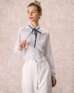 The White Mock Neck Polka Dot Ruffle Blouse -Outlet Dress Mix Up Store the white mock neck polka dot blouse tops iabjyl