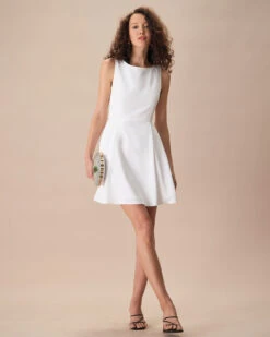 The White Round Neck Pleated Mini Dress -Outlet Dress Mix Up Store the white pleated mini dress dresses cqotan