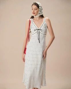 The White V-Neck Polka Dot Lace Trim Midi Dress