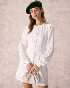 The White Round Neck Button Mini Dress -Outlet Dress Mix Up Store the white round neck button mini dress dresses dagdwt
