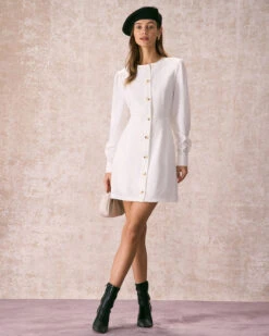 The White Round Neck Button Mini Dress -Outlet Dress Mix Up Store the white round neck button mini dress dresses fn3bi9
