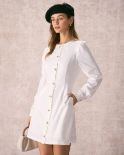 The White Round Neck Button Mini Dress -Outlet Dress Mix Up Store the white round neck button mini dress dresses rinyi0