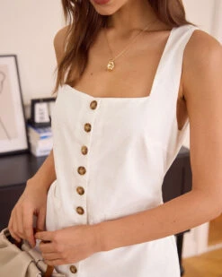 The White Square Neck Button Cotton Linen Mini Dress -Outlet Dress Mix Up Store the white square neck button mini dress dresses g7vf5o