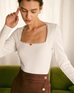 The White Square Neck Lace Trim Knit Top -Outlet Dress Mix Up Store the white square neck lace knit top tops ujowlo