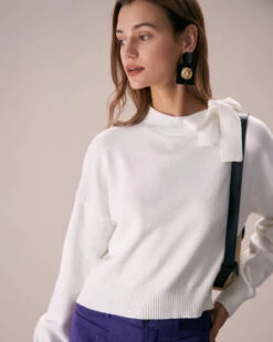 The White Mock Neck Tie Ribbed Knit Top
