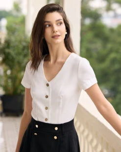 The White V Neck Button Shirt