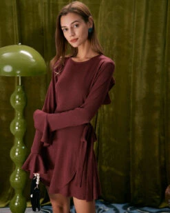 The Wine Red Ruffle Flare Sleeve Mini Dress -Outlet Dress Mix Up Store the wine red crew neck flare sleeve mini dress dresses f5z1ht