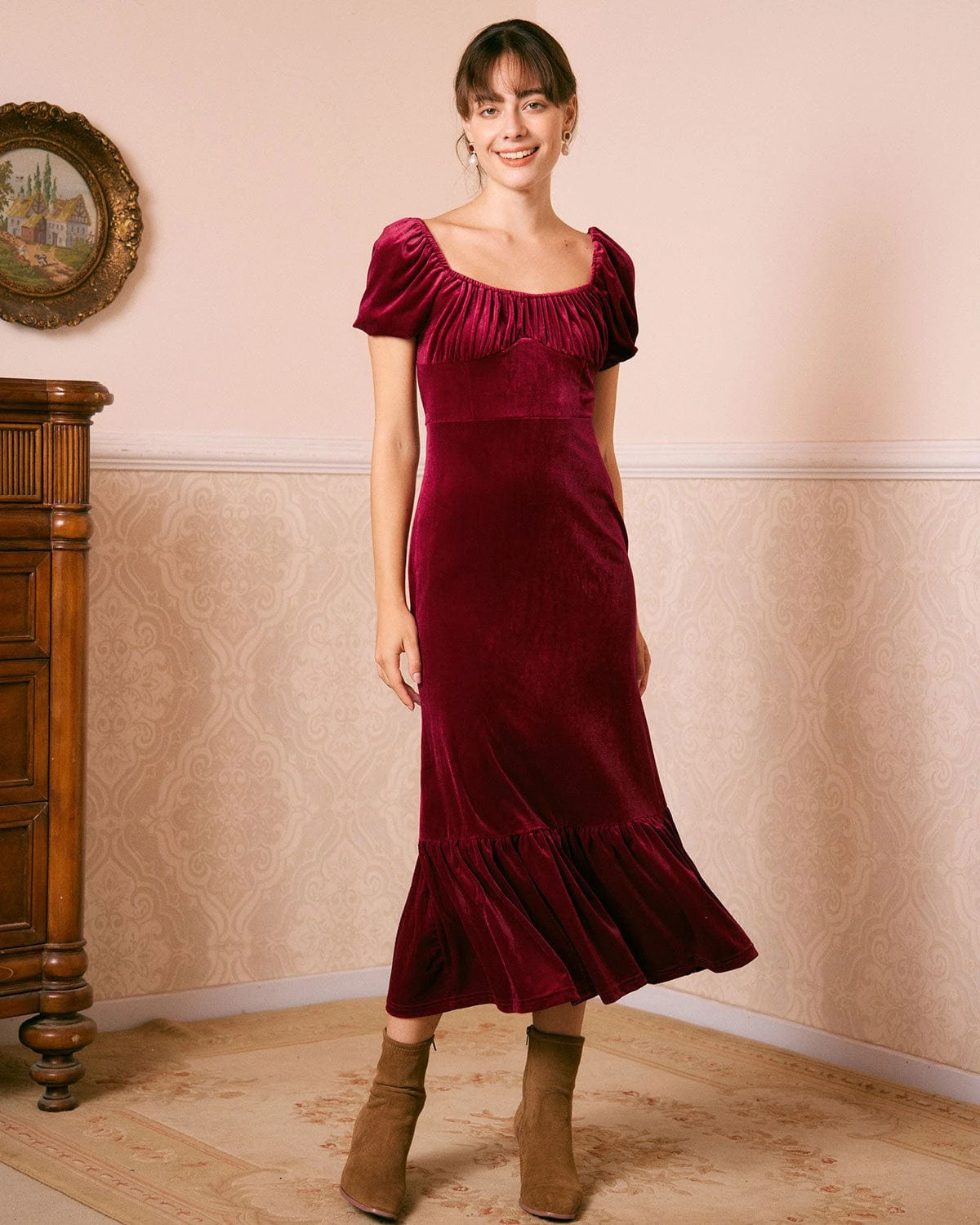 The Wine Red U Neck Ruched Velvet Maxi Dress 1 The Wine Red U Neck Ruched Velvet Maxi Dress