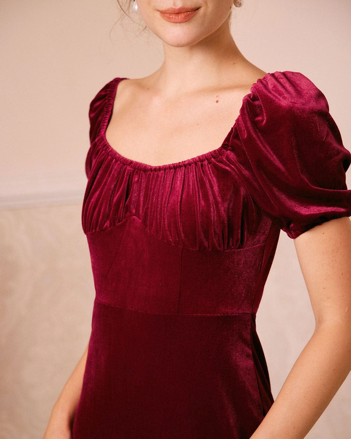The Wine Red U Neck Ruched Velvet Maxi Dress 2 The Wine Red U Neck Ruched Velvet Maxi Dress - Image 2