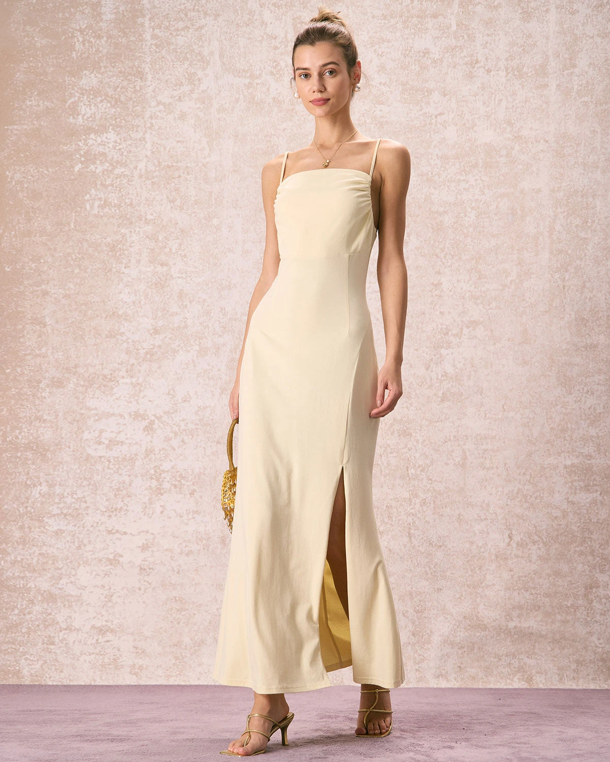 The Yellow Ruched Backless Slip Maxi Dress 4 The Yellow Ruched Backless Slip Maxi Dress - Image 4