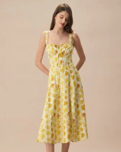 The Yellow Square Neck Floral Cotton Midi Dress -Outlet Dress Mix Up Store the yellow square neck tie midi dress dresses h88nzy
