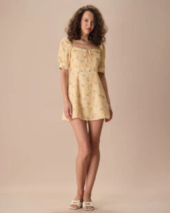 The Yellow Sweetheart Neck Floral Mini Dress -Outlet Dress Mix Up Store the yellow sweetheart neck floral mini dress dresses throzf