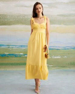 The Yellow Tie Shoulder Ruched Maxi Dress -Outlet Dress Mix Up Store the yellow tie shoulder ruched maxi dress dresses qztadq 587775