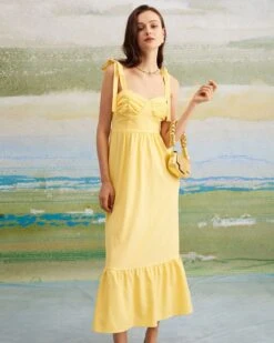Outlet Dress Mix Up Store 11 The Yellow Tie Shoulder Ruched Maxi Dress