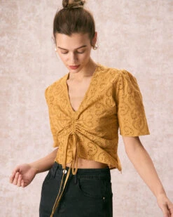 The Yellow V Neck Embroidery Tie Front Tee -Outlet Dress Mix Up Store the yellow v neck embroidery tee tops nsrlgx